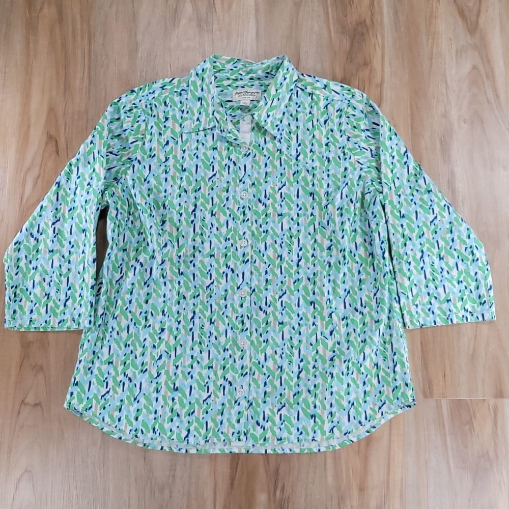 🔺️Norm Thompson Green & Blue Buttoned Front 3/4 Sleeve Top XLarge